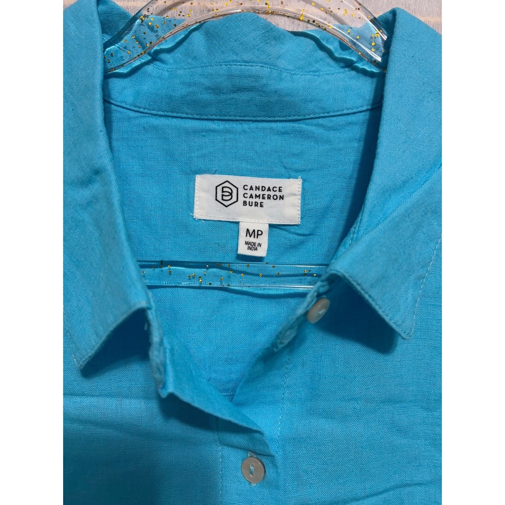 Candace Cameron Bure Linen Shirt Medium Blue Button Down Petite Coastal Boho - Picture 3 of 9